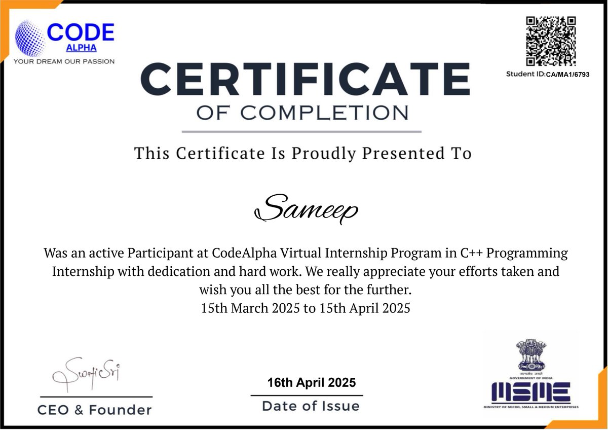 __sameep_______'s tweet image. Just completed my 1-month C++ Programming Internship at CodeAlpha ! 💻
Grateful for the learning experience and excited to keep leveling up! 🚀
#Cplusplus #Internship #CodeAlpha #100DaysOfCode #LearnInPublic  #buildinpublic  #Tech #100daysofcoding