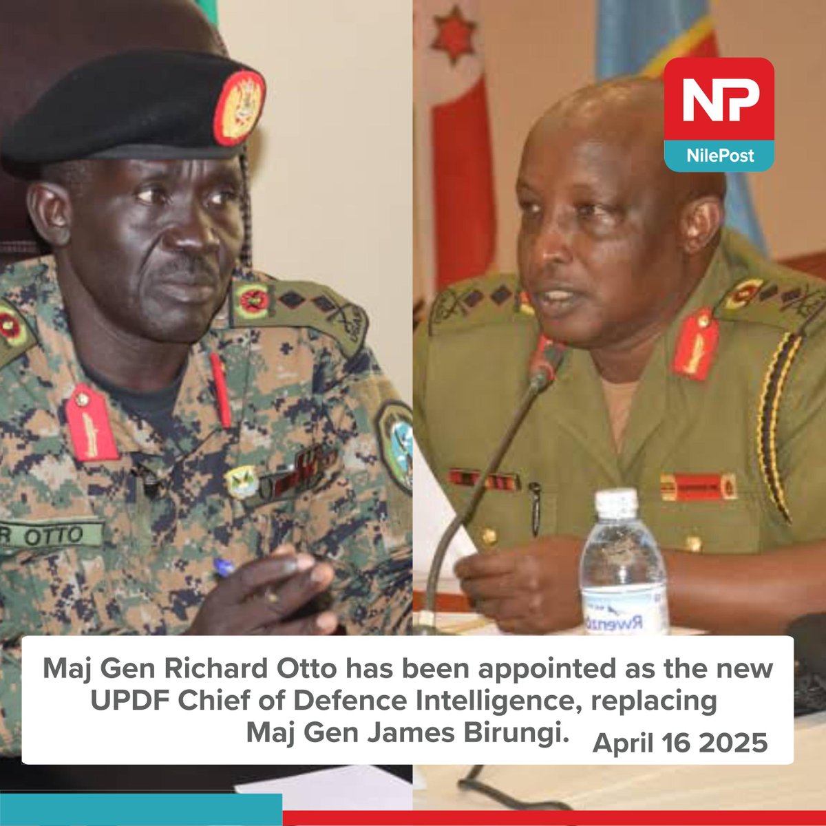 nilepostnews's tweet photo. Maj Gen Richard Otto has been appointed as the new UPDF Chief of Defence Intelligence, replacing Maj Gen James Birungi.

Maj Gen Birungi takes over Otto’s former role as Commander of the Mountain Infantry Division in Fort Portal.

#NilePostNews https://t.co/T0FDnyM2uo