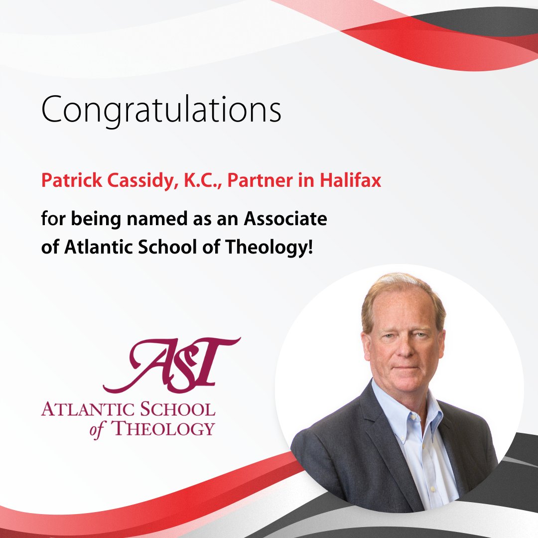 We’re proud to share that Patrick Cassidy, K.C., Partner in Halifax, has been named an Associate of the Atlantic School of Theology! This honour recognizes his long-time dedication, service, and mentorship as a valued AST graduate and ambassador. astheology.ns.ca/news/convocati…