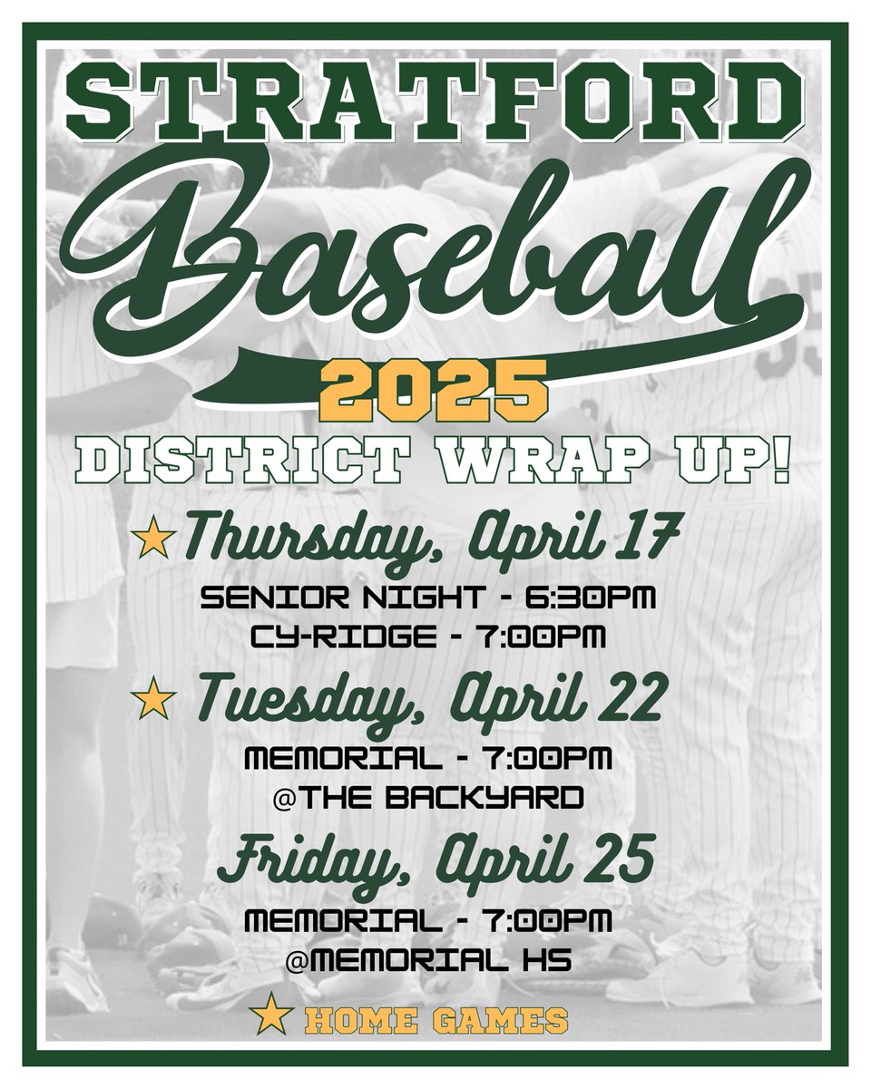 Stratford Spartan Baseball (@stratford_bsbl) on Twitter photo Three chances to catch some Varsity Spartan Baseball before playoffs! <a href="/ItsCoachHall/">Coach Hall</a> <a href="/77079Athletics/">Stratford High School Athletics</a> <a href="/SHS_BoosterClub/">Stratford Booster</a> Three chances to catch some Varsity Spartan Baseball before playoffs! <a href="/ItsCoachHall/">Coach Hall</a> <a href="/77079Athletics/">Stratford High School Athletics</a> <a href="/SHS_BoosterClub/">Stratford Booster</a>