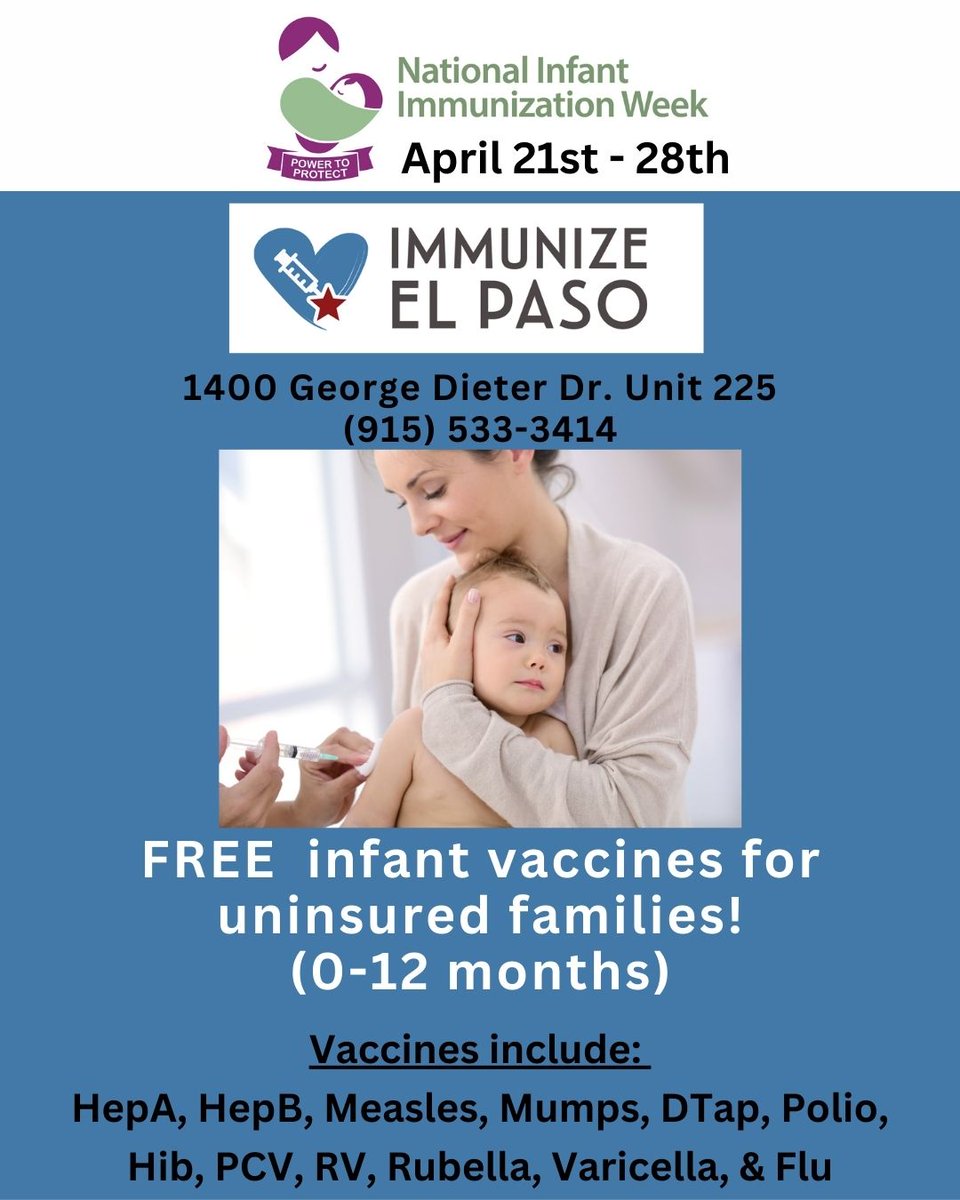 National Infant Immunization Week is April 21st-28th! This week raises awareness on how vaccines help keep our babies safe from serious diseases. In honor of this week, we're offering FREE vaccines to infants (0-12 months) from uninsured families – no appointment needed!