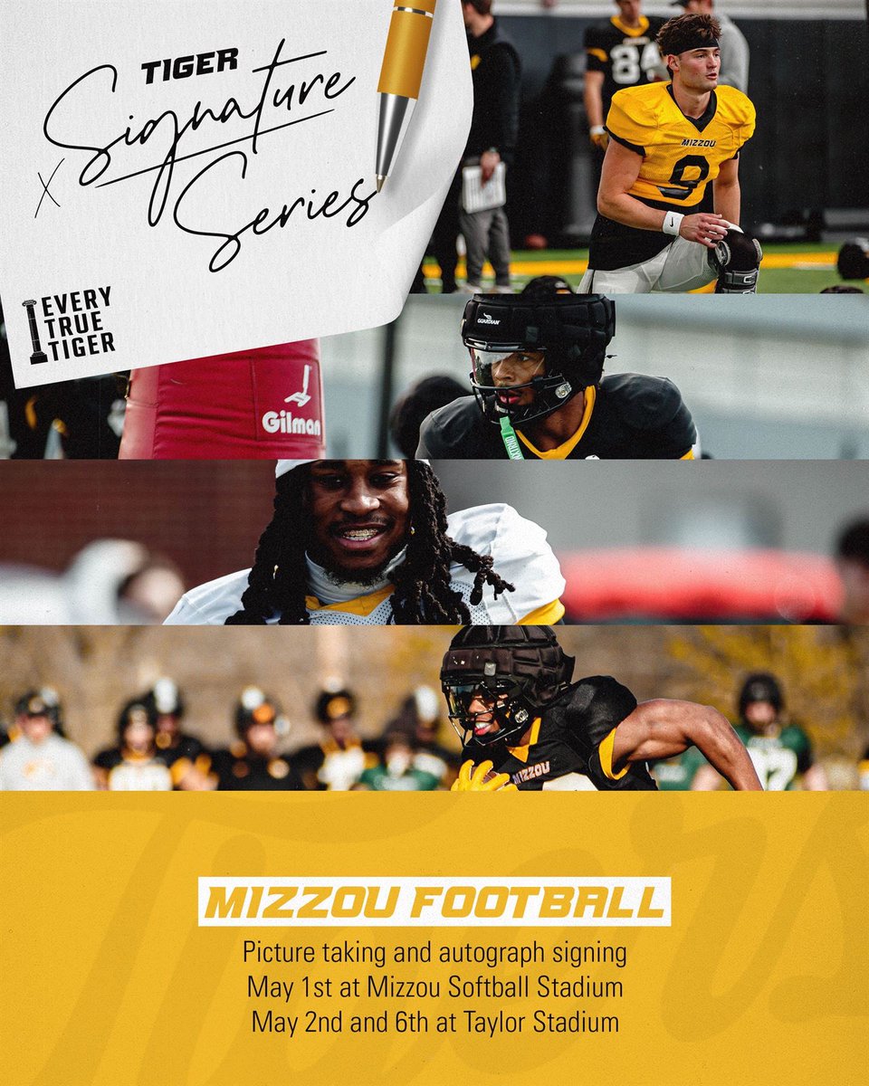 Mizzou Football is stepping out this May. 💪 Come meet us, get some autographs and keep that Tiger pride strong. Stay tuned for more info. 🐯⚫️🟡✍️
<a href="/MizzouAthletics/">Mizzou Athletics</a>
#TigerSignatureSeries #ETTB