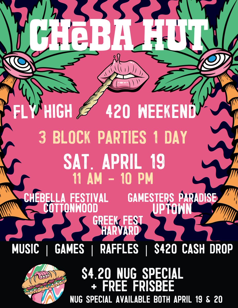 ABQLive's tweet image. Vibes = high. Subs = toasty.
The Fly High 420 Weekend party lands at all Albuquerque Cheba Huts this Saturday, April 19! 🎉
Music, games, raffles &amp;amp; more from 11am–10pm
#ChebaHut420 #AlbuquerqueEvents #MunchieMode #StayToasty