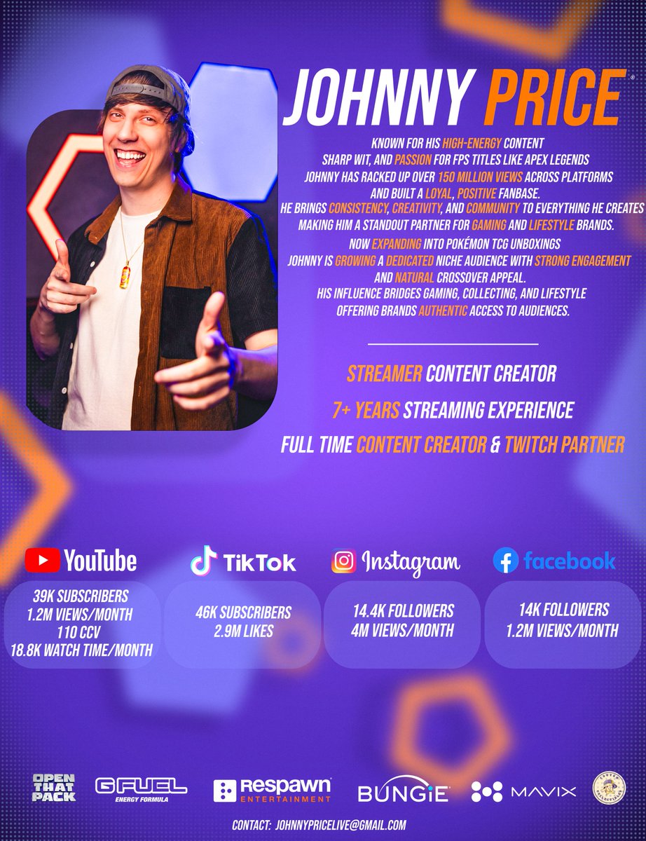 Hi, I’m Johnny and here’s my updated media kit!
Would love the chance to collaborate and bring the energy to your brand 🔥
✉️ Contact: JohnnyPricelive@gmail.com