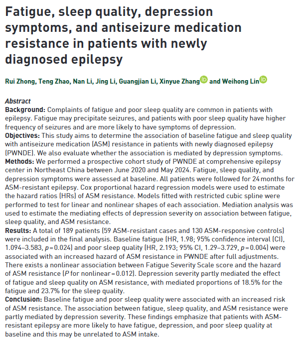 Fatigue (HR 1.98, p=0.024) and poor sleep (HR 2.19, p=0.004) at epilepsy diagnosis predict ASM resistance.
 Depression severity mediated 18.5% (fatigue) and 23.7% (sleep) of the effect.

🔗 journals.sagepub.com/doi/epdf/10.11…