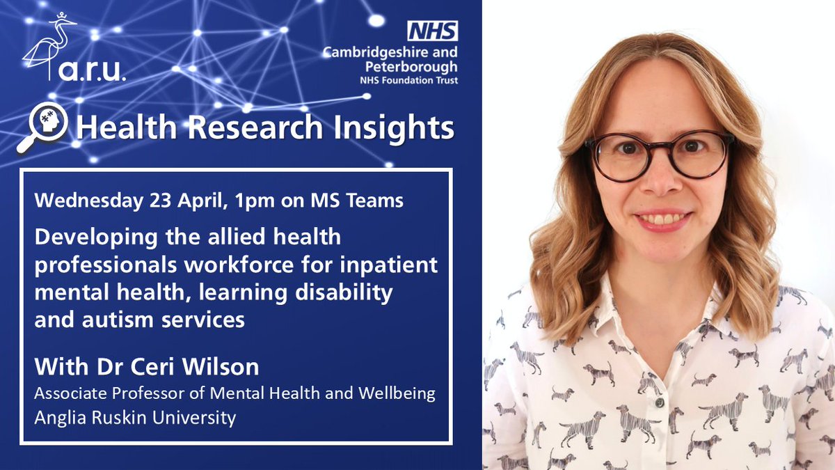 Research at CPFT (@cpft_research) on Twitter photo 🔎 Join the Health Research Insight next Wednesday with <a href="/CeriWilson4/">Dr Ceri Wilson</a> to find out why raising awareness of #AHP #AlliedHealthProfessionals roles is critical to improve quality and safety in inpatient #MentalHealth, #LearningDisability & #Autism services:
➡️intranet.cpft.nhs.uk/events/event/h… 🔎 Join the Health Research Insight next Wednesday with <a href="/CeriWilson4/">Dr Ceri Wilson</a> to find out why raising awareness of #AHP #AlliedHealthProfessionals roles is critical to improve quality and safety in inpatient #MentalHealth, #LearningDisability & #Autism services:
➡️intranet.cpft.nhs.uk/events/event/h…