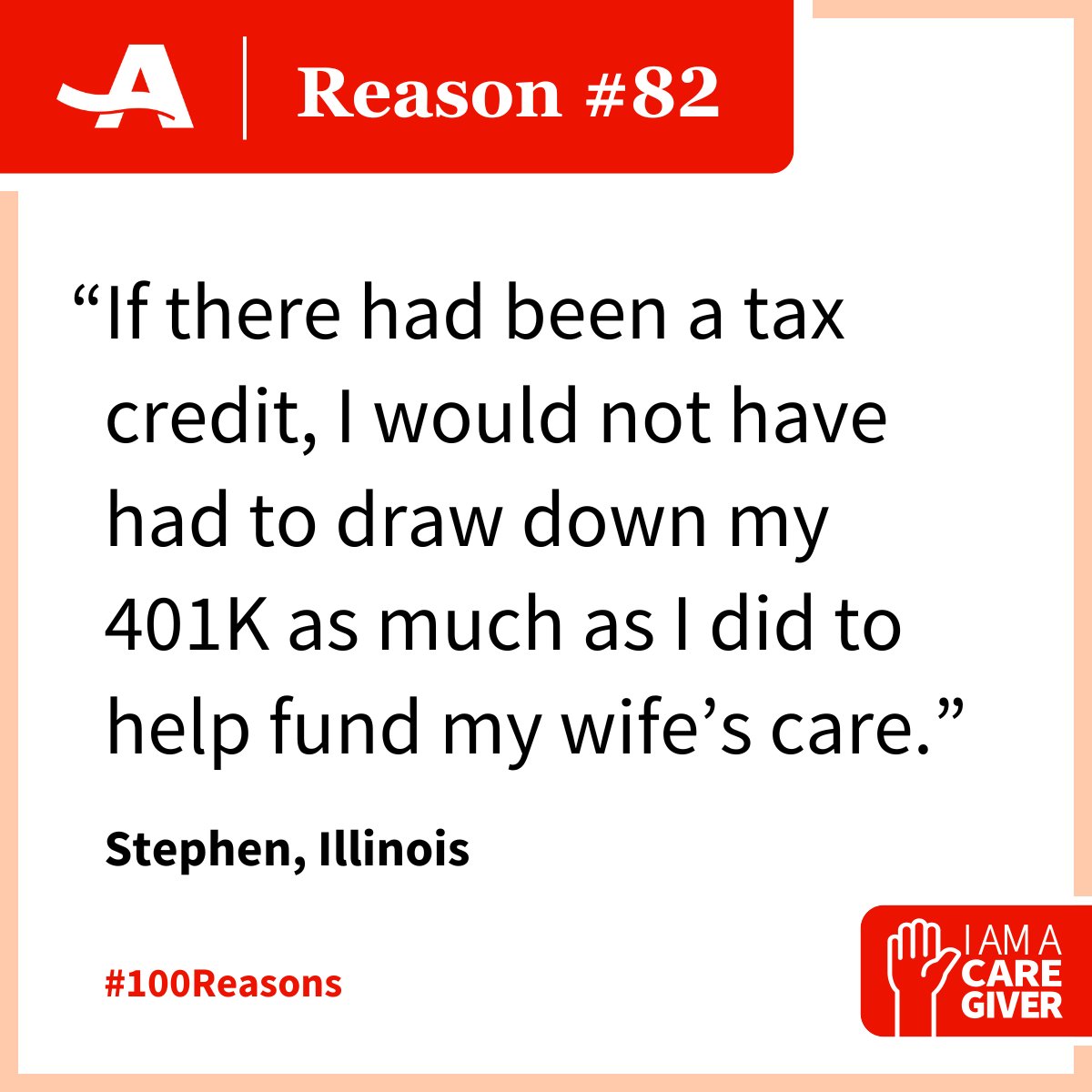 AARPadvocates's tweet photo. AARP is fighting to put money back in the pockets of America’s hardworking family caregivers through the Credit for Caring federal tax credit. 

There are #100Reasons why... Here's Reason #82. What's your reason? https://t.co/e3XH1NpkRo