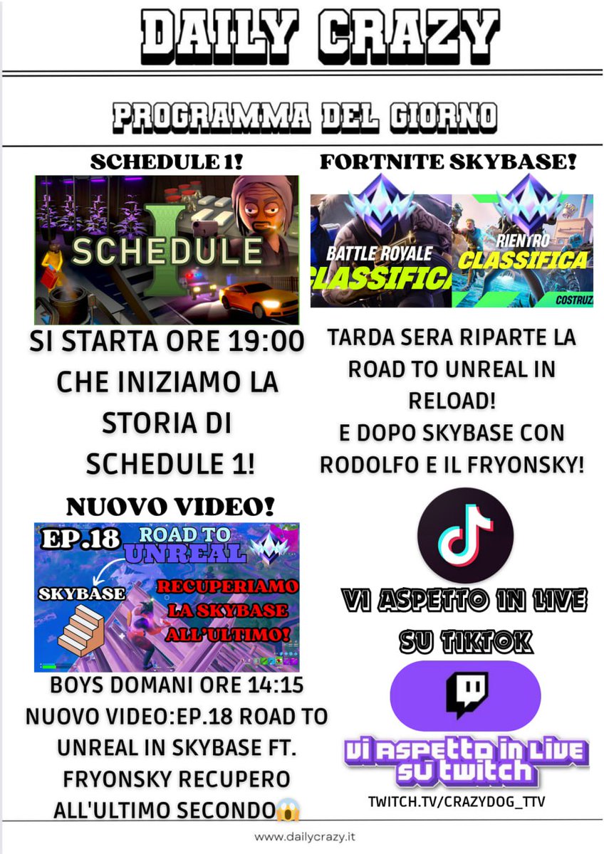 CrazydogT's tweet photo. BOYS ECCO IL DAILY CRAZY DI OGGI!
Vi ricordo che domani ore 14:15 uscirà un nuovo video su YouTube: EP.18 ROAD TO UNREAL IN SKYBASE FT. FRYONSKY RECUPERO ALL'ULTIMO SECONDO😱
LINK IN BIO!
#dailycrazy #twitch #tiktok #schedule1 #fortnite #skybase #ranked #youtube #newvideo #viral https://t.co/LfSCKqn3xG