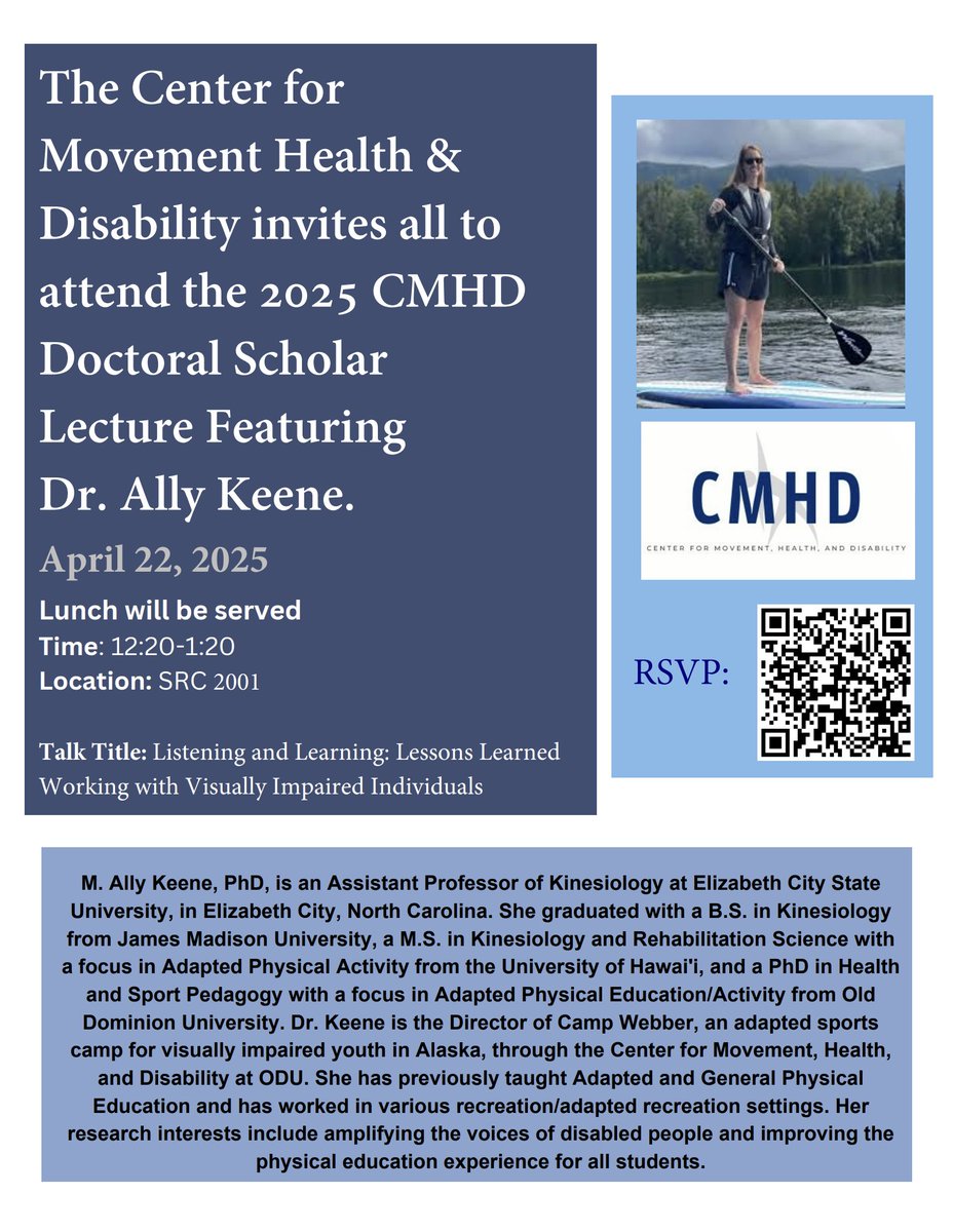 ODU Darden College of Educ & Professional Studies (@epsodu) on Twitter photo The <a href="/CMHD_at_ODU/">Center for Movement, Health, & Disability</a> invites all to attend the 2025 CMHD Doctoral Scholar Lecture Featuring Dr. Ally Keene.
RSVP at docs.google.com/forms/u/1/d/1r… The <a href="/CMHD_at_ODU/">Center for Movement, Health, & Disability</a> invites all to attend the 2025 CMHD Doctoral Scholar Lecture Featuring Dr. Ally Keene.
RSVP at docs.google.com/forms/u/1/d/1r…