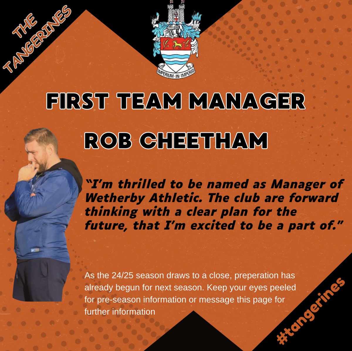 WetherbyAthFC's tweet image. Wetherby Athletic are delighted to welcome @Rob_Ftbll_Coach to the club as First Team Manager for the start of the 2025/26 season. #Tangerines