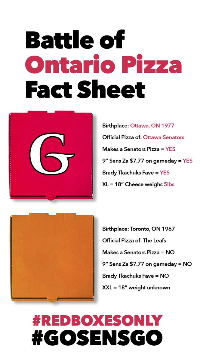 THE BATTLE OF ONTARIO BEGINS!

FOLLOW, LIKE, SHARE, COMMENT
#SENSIN7
#REDBOXESONLY #GABRIELPIZZA

For a chance to #WIN a pair of 100L seats to #Sens vs #Hurricanes April 17 @ CTC
Winner anncd today!

Download the GP app for game 1 and enjoy a 9” Sens Pizza for $7.77
#GoSensGo