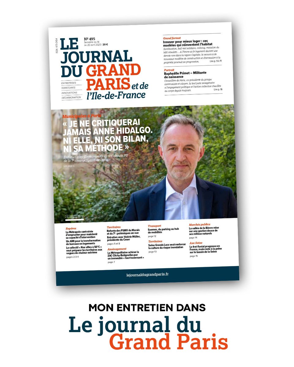egregoire's tweet photo. Paris, primaire des socialistes, projet de Rachida Dati, "droit à Paris", logement, éducation, santé, environnement, sécurité, place de la voiture, méthode de gouvernance, loi PLM, révolution du vélo… Mon entretien dans le Journal du Grand Paris !

➜ À découvrir ici : https://t.co/8pCTcUPQHN