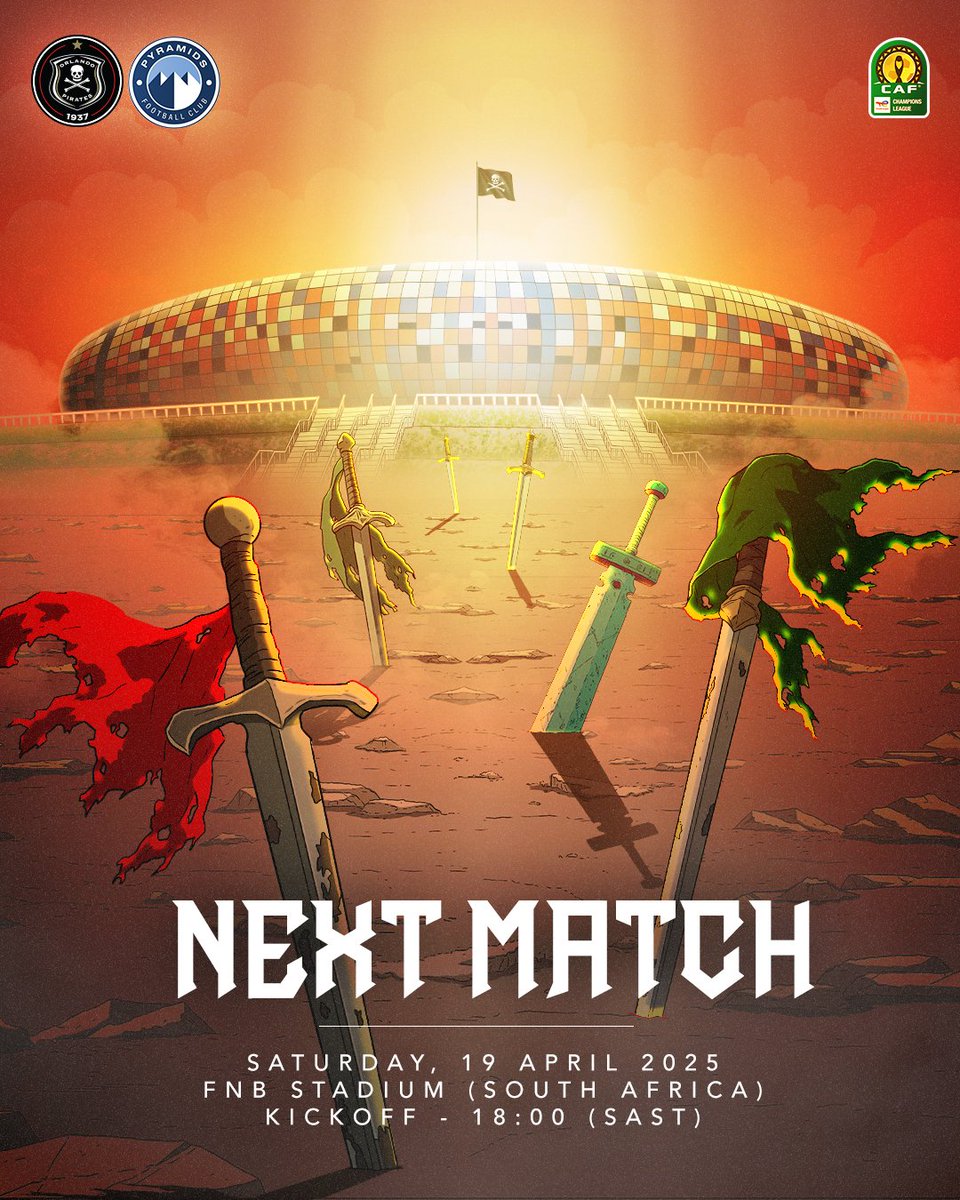orlandopirates's tweet photo. ⚫⚪ NEXT MATCH ☠️

🏆 #TotalEnergiesCAFCL SF 1st Leg
🆚 @pyramidsfc
🗓️ 19 April 2025
⏰ 18H00
🏟️ FNB Stadium
🎟️ OpenTickets
📺 @SABC3
📺 @supersporttv 209

⚫⚪🔴⭐
#OrlandoPirates
#OnceAlways https://t.co/xTHIOjkI8l
