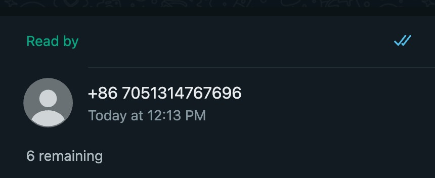 Koolaidascope's tweet photo. @WhatsApp Why is a chinese number showing up in read receipts for a closed group chat???? https://t.co/1OHAoMrS3J