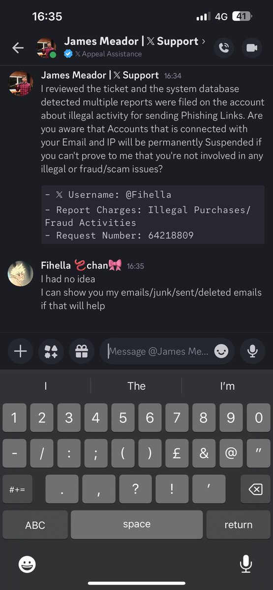 Fihella's tweet photo. Hello my friends! 
the account KultchimY9 has been hacked 
I got this message through from them 

The “complaint” was done through discord which I was sus about 

They’ll try to get you to change your email address to one they provide 
DONT DO IT 
Everyone change your passwords https://t.co/dY8K6FFHfK