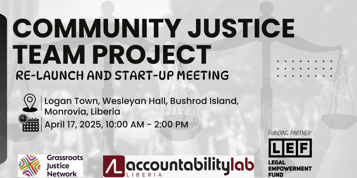 Accountability Lab Liberia (@accountlablib) on Twitter photo Alternative Dispute Resolution brings justice closer to the people fast, fair, and affordable.
We are Relaunching the #Community #Justice Project in Logan Town tomorrow at 10AM to strengthen local solutions!
<a href="/GrassrootsJN/">Grassroots Justice Network</a>
#AccessToJustice #ADR #alliberia Alternative Dispute Resolution brings justice closer to the people fast, fair, and affordable.
We are Relaunching the #Community #Justice Project in Logan Town tomorrow at 10AM to strengthen local solutions!
<a href="/GrassrootsJN/">Grassroots Justice Network</a>
#AccessToJustice #ADR #alliberia