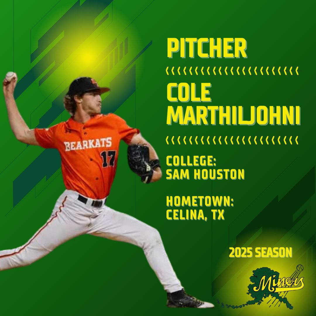 Mat-Su Miners (@ablminers) on Twitter photo Let's welcome another Texan, pitcher <a href="/CMarthiljohni/">Cole Marthiljohni</a> to the 2025 Miners! βΎοΈ
Cole attends Sam Houston State University and calls Celina, TX, home.
#ablminers #alaskabaseballleague #baseball Let's welcome another Texan, pitcher <a href="/CMarthiljohni/">Cole Marthiljohni</a> to the 2025 Miners! βΎοΈ
Cole attends Sam Houston State University and calls Celina, TX, home.
#ablminers #alaskabaseballleague #baseball
