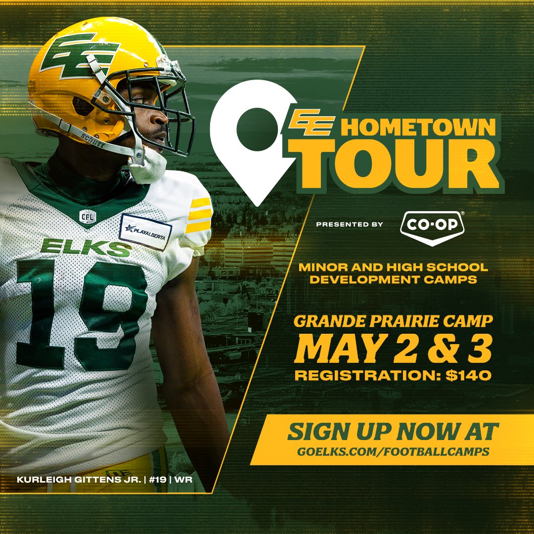 Edmonton Elks (@goelks) on Twitter photo Next stop - GRANDE PRAIRIE π
We're bringing the EE Hometown Tour to Grande Prairie on May 2 & 3! Join us for elite football training from active EE players Kurleigh Gittens Jr., Tanner Green, Brett Boyko, and more.
REGISTER NOW | goelks.com/hometowntour/
#GoElks x <a href="/NCCoop_AB/">North Central Co-op</a> Next stop - GRANDE PRAIRIE π
We're bringing the EE Hometown Tour to Grande Prairie on May 2 & 3! Join us for elite football training from active EE players Kurleigh Gittens Jr., Tanner Green, Brett Boyko, and more.
REGISTER NOW | goelks.com/hometowntour/
#GoElks x <a href="/NCCoop_AB/">North Central Co-op</a>