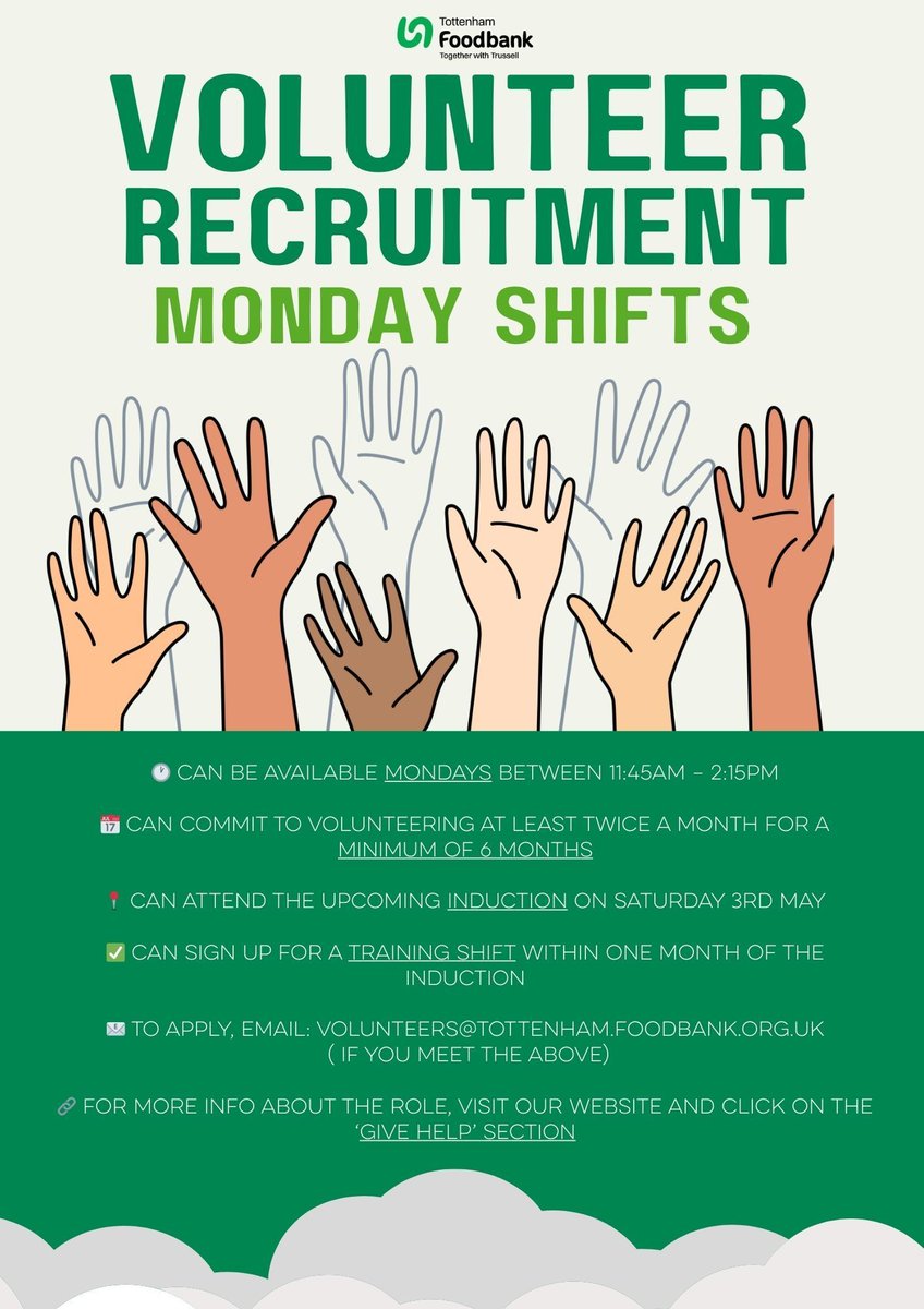Tottenham Foodbank (@tottfoodbank) on Twitter photo Weโre looking for Monday volunteers at <a href="/TottFoodbank/">Tottenham Foodbank</a>!
๐ฑ Help us support the community, just twice a month
๐ Induction: Sat 3rd May
๐ฐ๏ธ Shifts: 11:45AM โ 2:15PM
๐ง volunteers@tottenham.foodbank.org.uk
๐ More info via our site โ 'Give Help' > 'Volunteer' section Weโre looking for Monday volunteers at <a href="/TottFoodbank/">Tottenham Foodbank</a>!
๐ฑ Help us support the community, just twice a month
๐ Induction: Sat 3rd May
๐ฐ๏ธ Shifts: 11:45AM โ 2:15PM
๐ง volunteers@tottenham.foodbank.org.uk
๐ More info via our site โ 'Give Help' > 'Volunteer' section