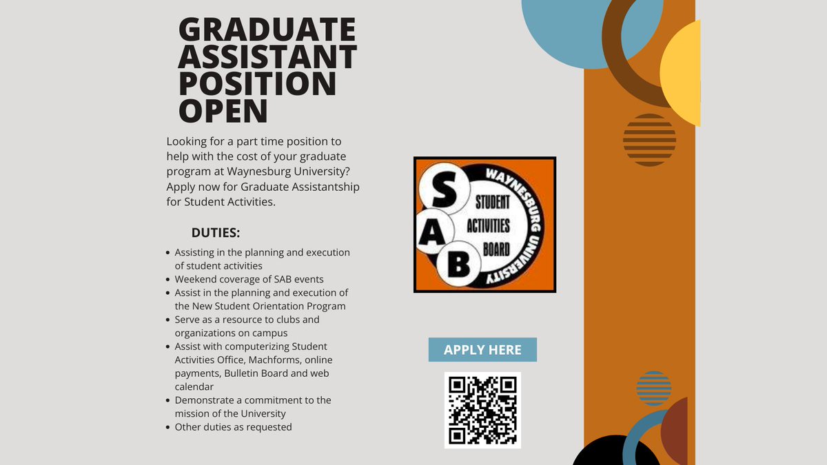 WU_SAB's tweet photo. Apply now for the Graduate Assistant position for Student Activities. Must be enrolled in graduate program at Waynesburg University. https://t.co/Wj89Tj8IOZ
