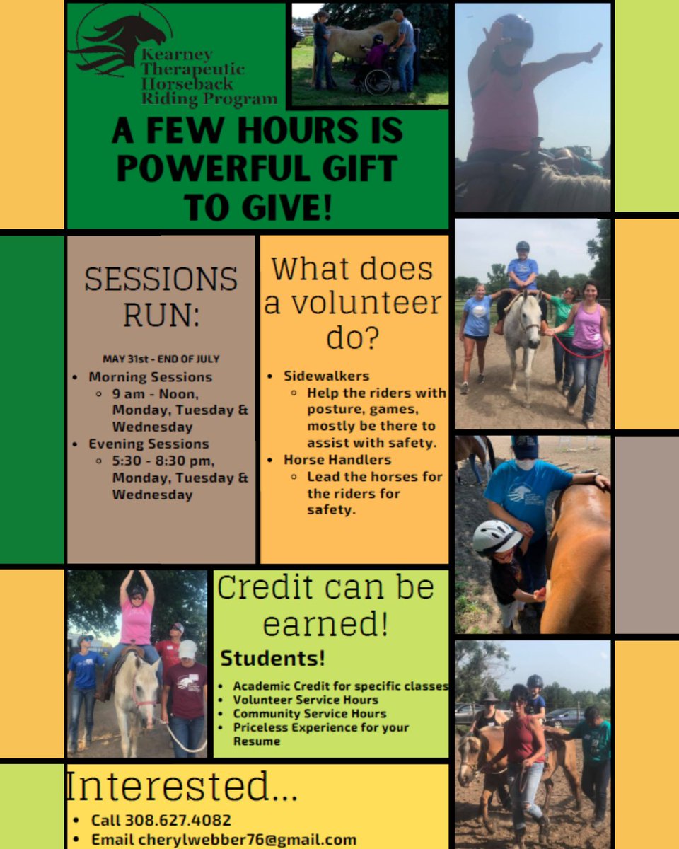 #KearneyTherapeuticHorsebackRidingProgram needs volunteers! This is an excellent opportunity for students to earn volunteer hours while building communication skills, empathy, and feel good about doing good. #KTHRP #UNKCAS #UNKHealthScences #KHOP #UNKHSELC
