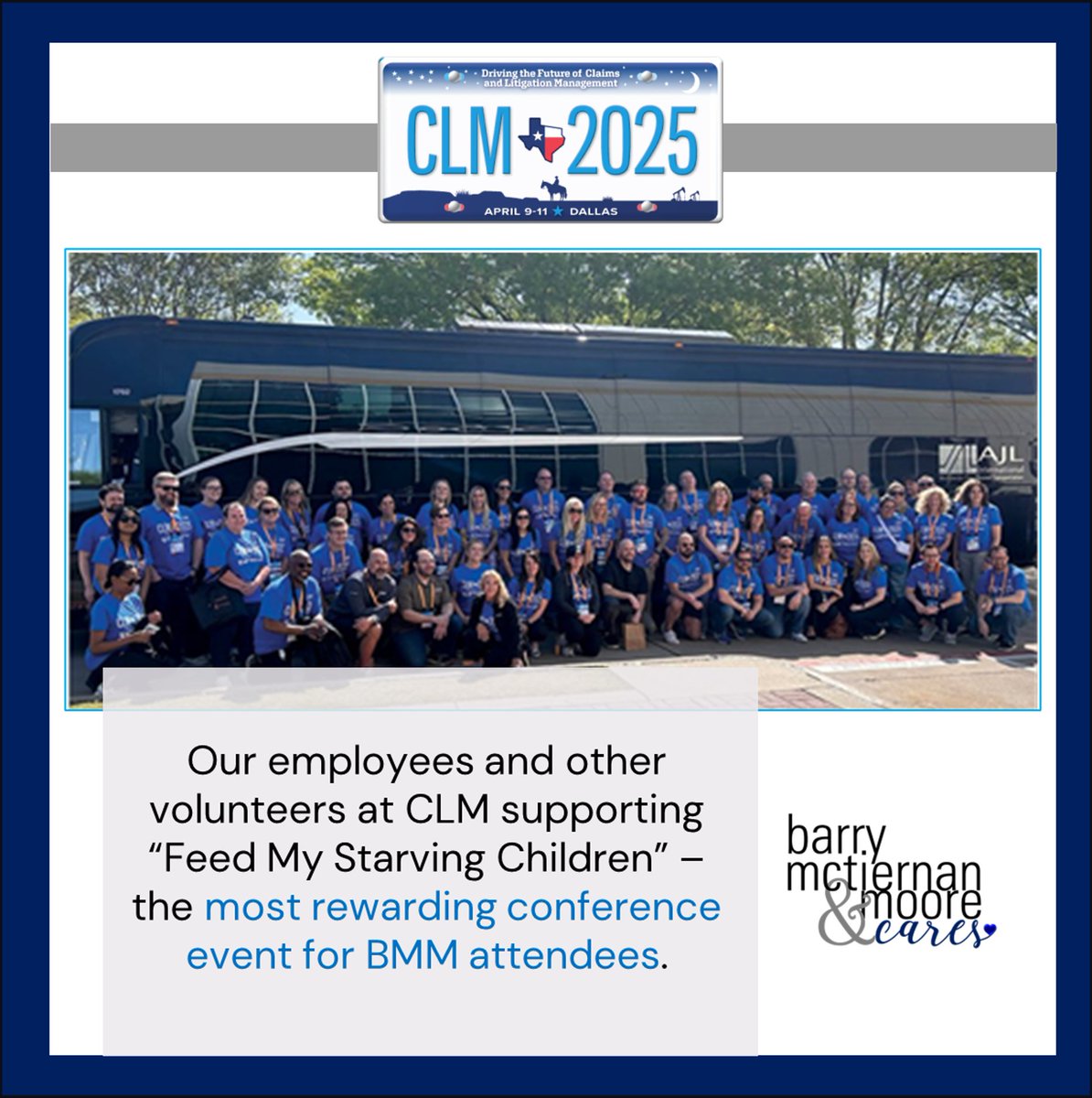 Bmm_Firm's tweet photo. While at the CLM Alliance Annual Conference in Dallas, BMM attendees helped serve the needs of hungry children worldwide by volunteering for "Feed My Starving Children."
Read more: https://t.co/WZTQCXcTW1
#CLM2025 #BMMFIRM #employeeimpact #continuedlearning #bestfirm #teambmm https://t.co/E7wV39rGj5
