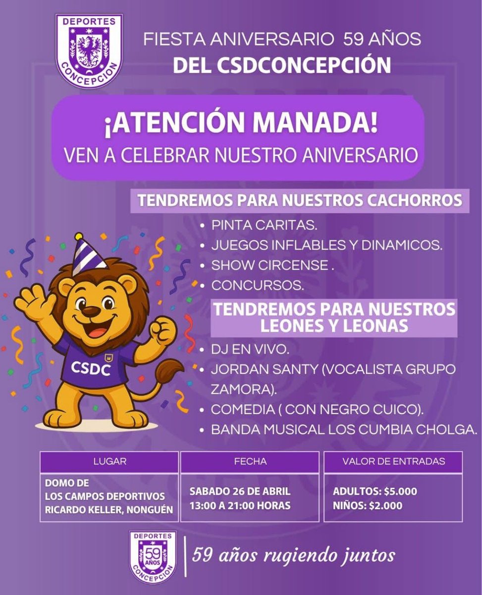 CSDConcepcion's tweet photo. Ven a disfrutar de una tarde familiar en los Campos Deportivos Ricardo Keller, este sábado 26 de Abril, para celebrar todos juntos el aniversario 59, de nuestra amada institución. 

Para adquirir entradas 
Juana Quiroz: +56933932309 
Óscar Silva: +56933932293

¡Te esperamos! https://t.co/qiBWlhuBtk