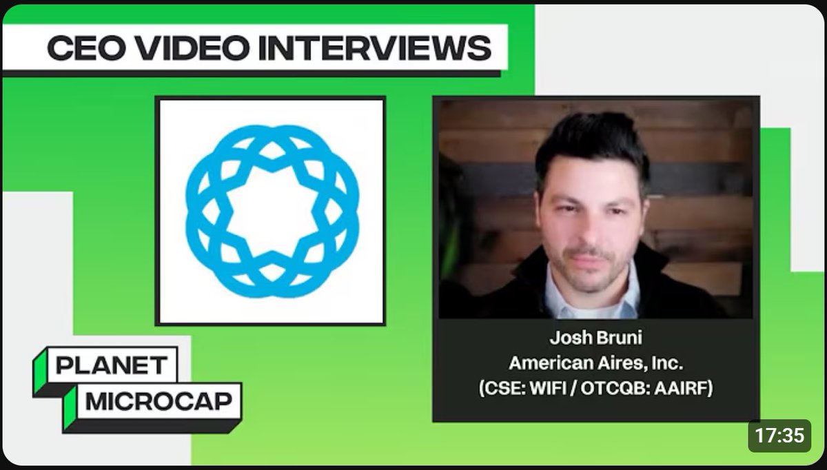 INVESTORS: Aires is presenting at Planet MicroCap Showcase Vegas in partnership with MicroCapClub on Wed. Apr. 23 at 9:30am PT / 12:30pm ET.

Check out their exclusive pre-conference interview with our CEO... 

youtube.com/watch?v=2vQJ7a…

CSE: WiFi | OTCQB: AAIRF
#EMFProtection #EMF