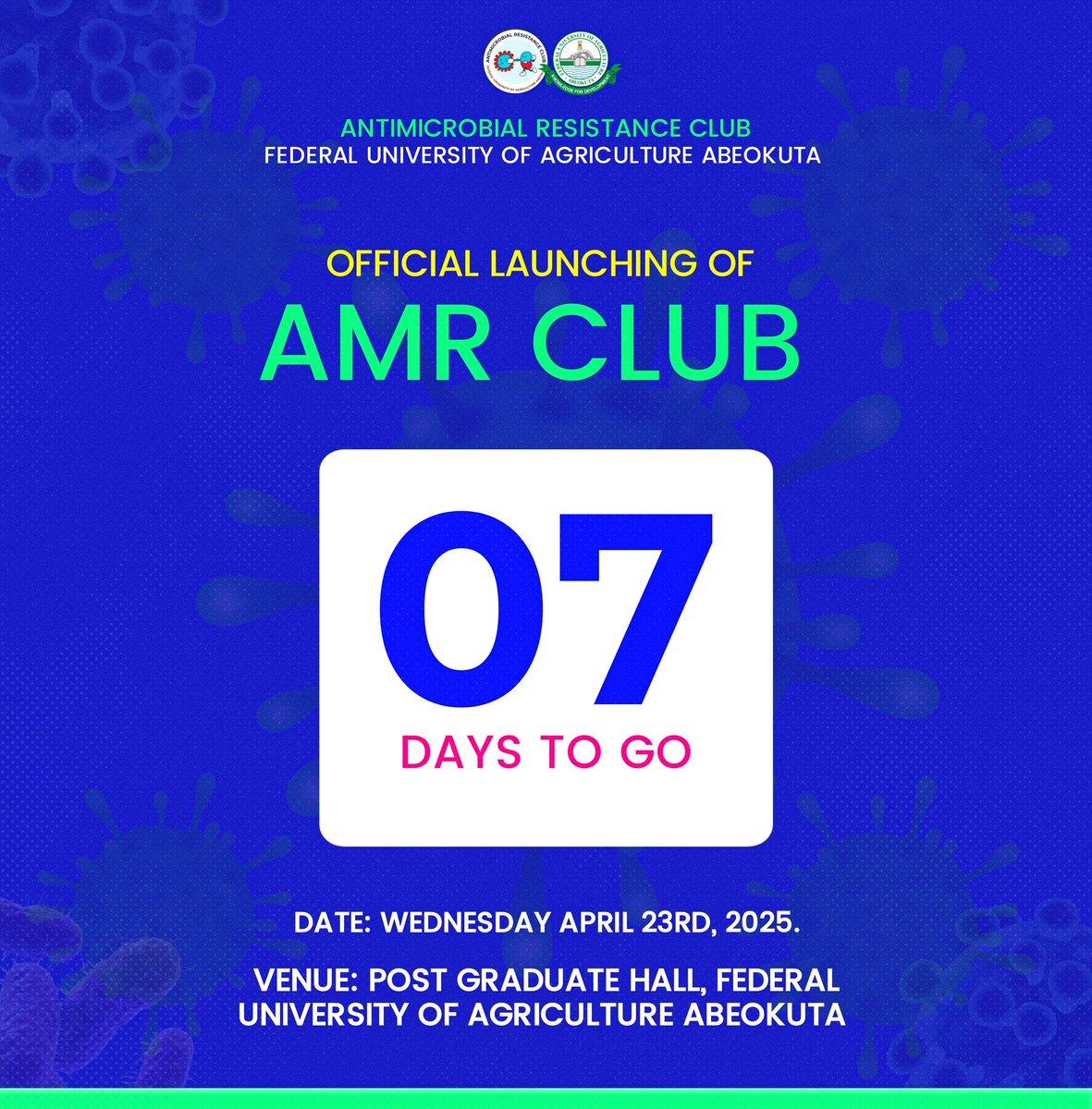 Amrclubfunaab's tweet photo. 🎉 Just 7 Days Left! The AMR Club FUNAAB Launch is Coming – Join the Fight Against Resistance! 💪 #AMR #FUNAAB #AMRClubFUNAAB #CountdownContinues
@akasom80 https://t.co/PJ6nKNt4SQ