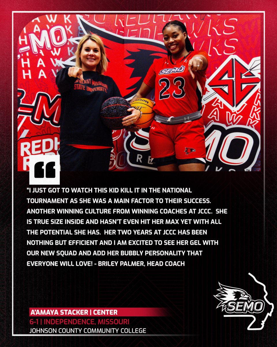 SEMO Women’s Basketball (@officialsemowbb) on Twitter photo SIGNED. SEALED. REDHAWK. 📝
Center A'Amaya Stacker is the newest Redhawk who comes by way of Independence, Mo. after spending last season at Johnson County Community College ‼️ 🏀
Stacker is a 6-1 center and will be in the frontcourt in 2025-26 😎
#FeelinRowdy x #SwordsUp SIGNED. SEALED. REDHAWK. 📝
Center A'Amaya Stacker is the newest Redhawk who comes by way of Independence, Mo. after spending last season at Johnson County Community College ‼️ 🏀
Stacker is a 6-1 center and will be in the frontcourt in 2025-26 😎
#FeelinRowdy x #SwordsUp