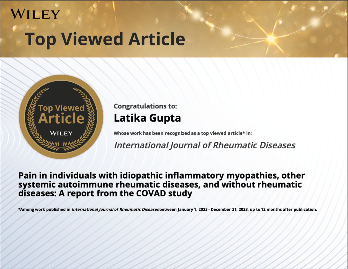 Latika (@latikagupta_) on Twitter photo Big thanks to <a href="/IJRD/">Martle Rulete</a> - the <a href="/APLAR_org/">APLAR</a> journal for recognizing our work on #pain in #myositis as the most viewed article! Special thanks to the <a href="/CoVADStudy/">The CoVAD Study</a> group for their incredible efforts! Big thanks to <a href="/IJRD/">Martle Rulete</a> - the <a href="/APLAR_org/">APLAR</a> journal for recognizing our work on #pain in #myositis as the most viewed article! Special thanks to the <a href="/CoVADStudy/">The CoVAD Study</a> group for their incredible efforts!