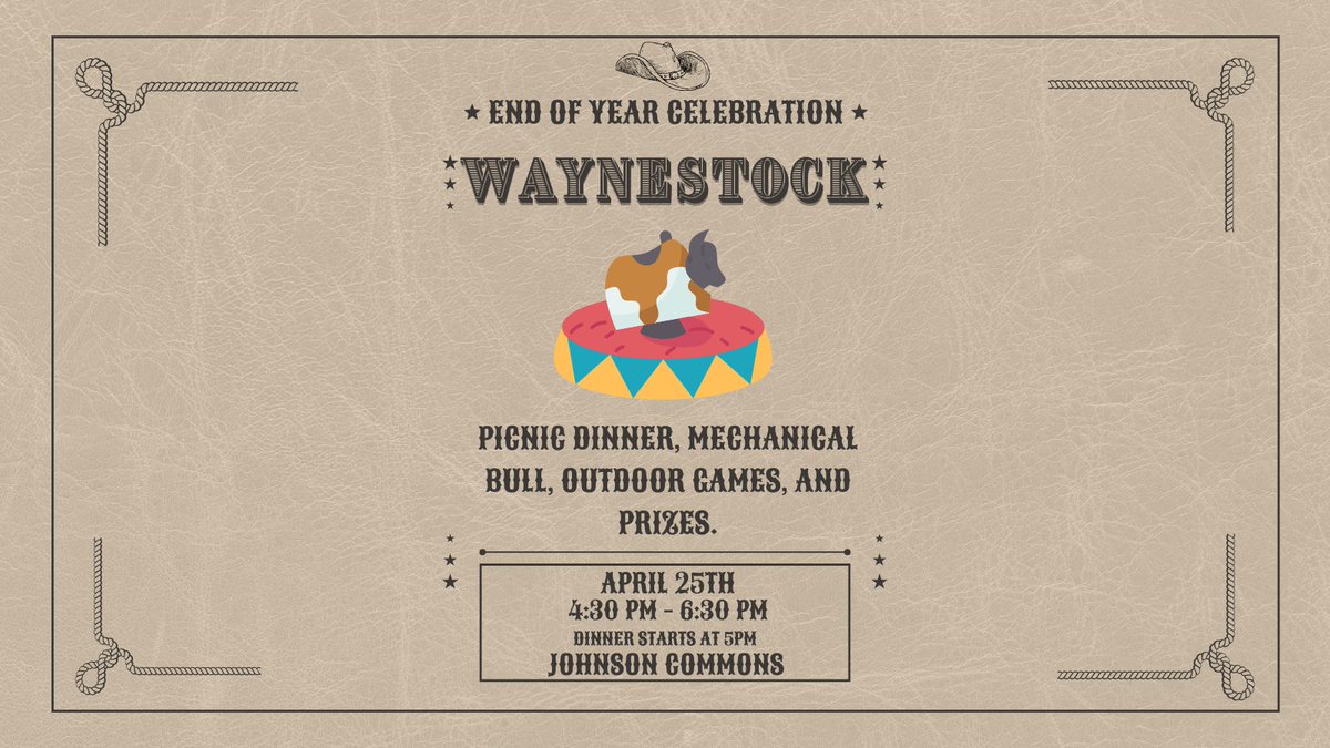 WU_SAB's tweet photo. Yeehaw! You the end of the semester is here! Come on down to JC for Waynestock at 4:30PM.🤠 https://t.co/L0Bq8pGvuM