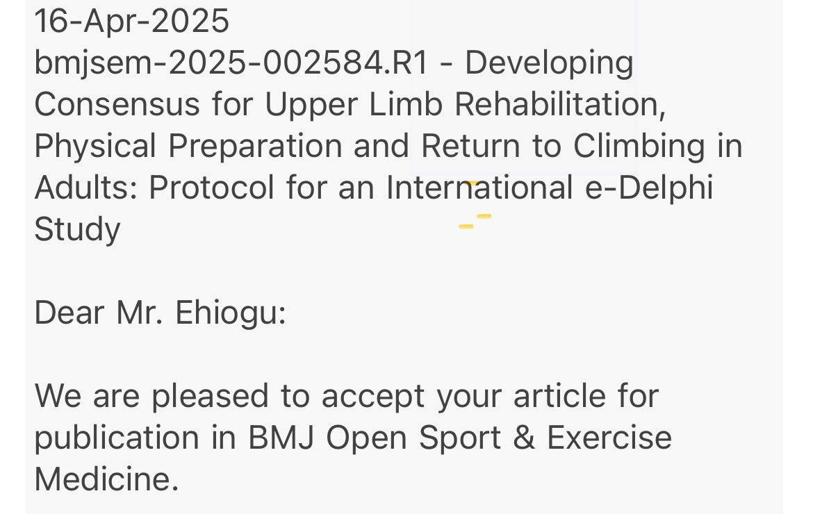 Uzo Ehiogu (@consultantpt) on Twitter photo A great start to the Easter Weekend with my protocol accepted for publication📚<a href="/BMJOpenSEM/">BMJ Open Sport & Exercise Medicine</a> .. My first study on my Professional Doctorate <a href="/StMarys_SandC/">St Mary's S&C</a> Developing Consensus 4 Upper Limb💪 Rehab ⛑️& Return to Sport🧗🏽♀️ after MSKI … e- Delphi study <a href="/stephen_patt/">Stephen Patterson</a> <a href="/m_buckthorpe/">Matt Buckthorpe</a> A great start to the Easter Weekend with my protocol accepted for publication📚<a href="/BMJOpenSEM/">BMJ Open Sport & Exercise Medicine</a> .. My first study on my Professional Doctorate <a href="/StMarys_SandC/">St Mary's S&C</a> Developing Consensus 4 Upper Limb💪 Rehab ⛑️& Return to Sport🧗🏽♀️ after MSKI … e- Delphi study <a href="/stephen_patt/">Stephen Patterson</a> <a href="/m_buckthorpe/">Matt Buckthorpe</a>
