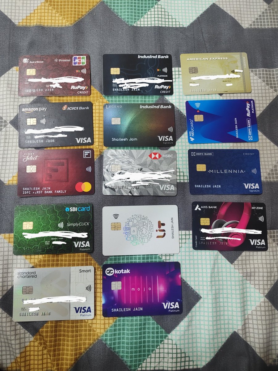 jainshailesh91's tweet photo. My Credit Card collection, one is missing as it is a digital card(2% cashback on scan and pay) 😋
#creditcards #creditcardcollection https://t.co/KVvVGgrVTp