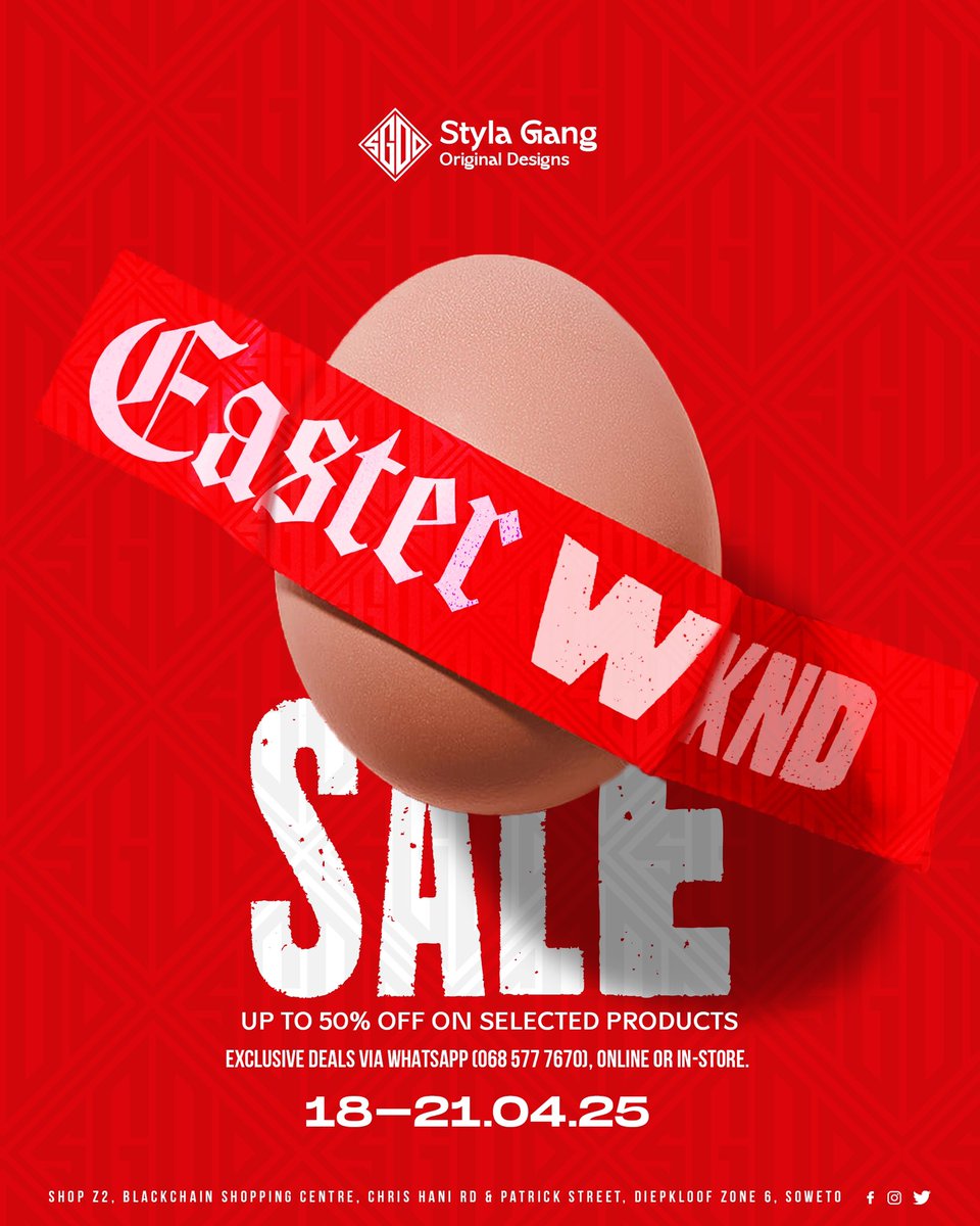Hop into Easter savings! 🐣** Enjoy **up to 50% OFF** on selected styles this weekend *only*— Shop exclusive deals via WhatsApp (0685777670), online (stylagangoriginaldesigns.com), or in-store. Hurry, springtime steals won’t last! 🌸✨ **#StylaGangEasterSale** 🛍️ Don’t miss out!