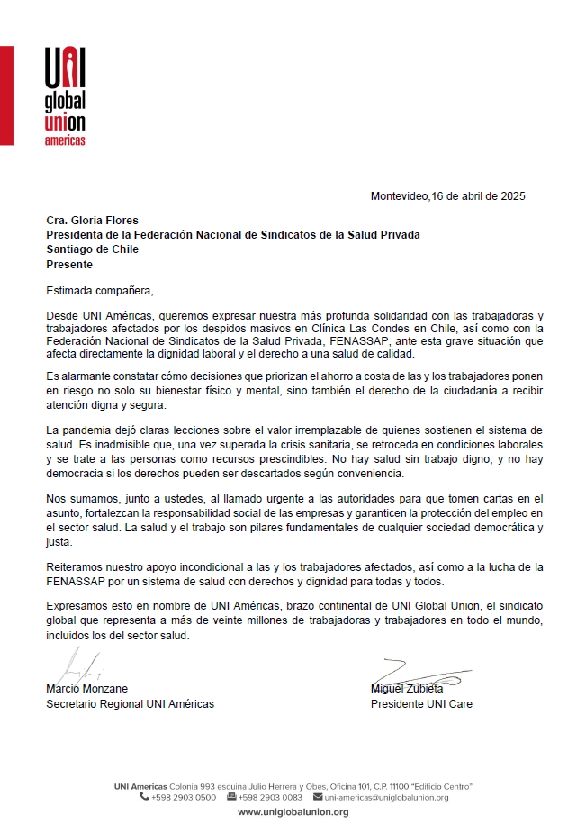 🇨🇱Toda nuestra solidaridad con <a href="/fenassap/">FENASSAP</a>  y lxs trabajadorxs despedidxs en Clínica Las Condes. 

✋🏽No hay salud sin trabajo digno. 

📣Exigimos el fin de la precarización laboral y el respeto a sus derechos. ¡La salud no se recorta!