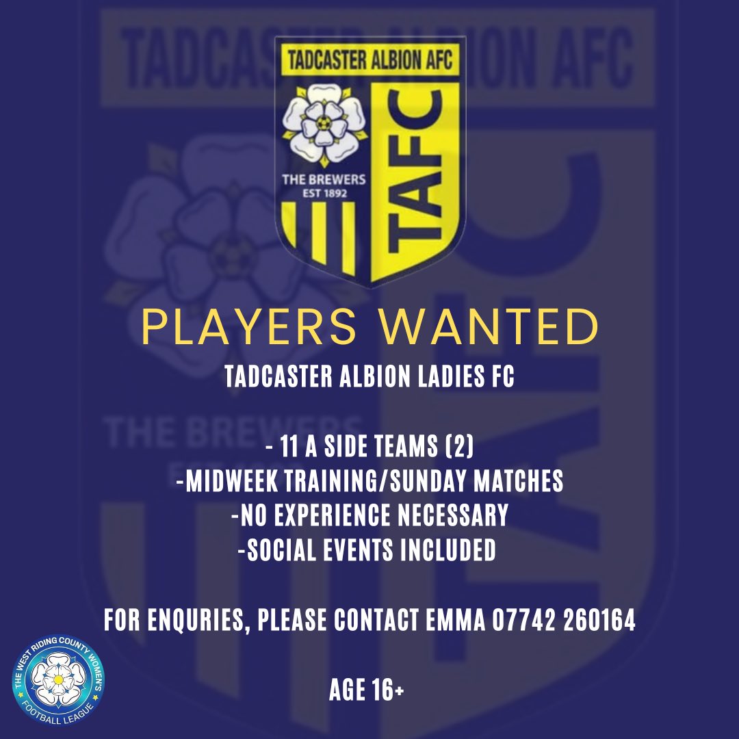 Any ladies who are wanting to join a football team, come along to Tadcaster Albion for the 2025/26 season!
 
We have two new 11 a side teams with beginners, intermediate and experienced players welcome. A friendly atmosphere and regular socials awaits.