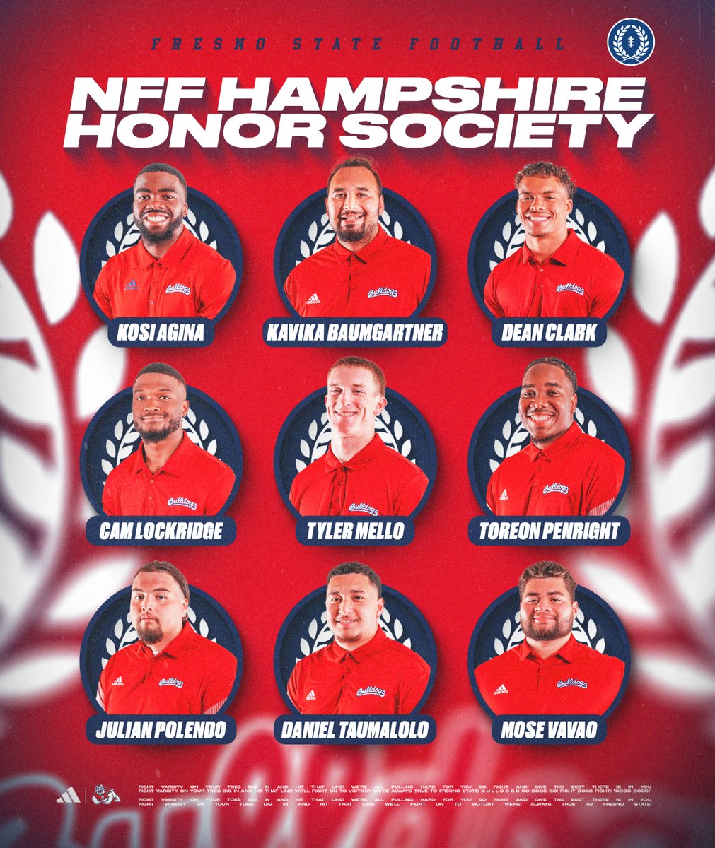 FresnoStateFB's tweet photo. Excellence on the field and in the classroom‼️

Congratulations to our nine NFF Hampshire Honor Society members 👏 https://t.co/6mfSEfUAed