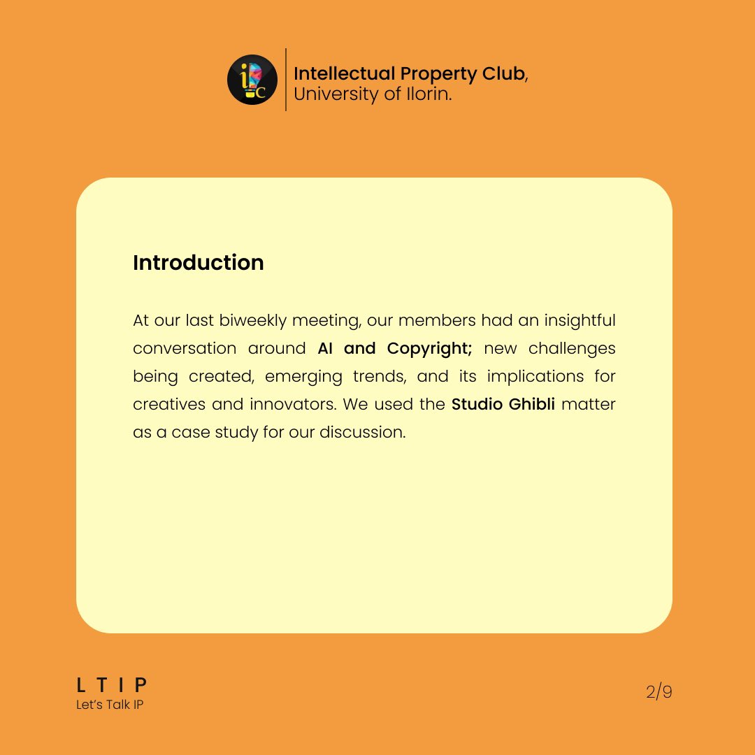 IPCunilorin's tweet photo. On this week’s #LTIP we will take a recap of our last meeting where we talked about the overlap of AI and creativity; what it means for the copyright of artists amongst other things. https://t.co/46w2OMDWXH