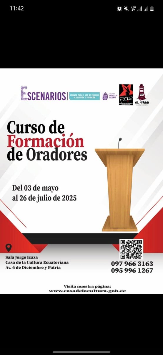 ElFaroEc's tweet photo. En #Quito
El Taller de Oratoria El Faro nos invita a participar del Curso de Formación de Oradores, que se realizará del 03 de mayo al 26 de julio de 2025, en la Sala Jorge Icaza, Edificio Antiguo, Casa de la Cultura Ecuatoriana. Te esperamos.📚
📌 Información: 097 966 3163 https://t.co/CS29nPbiqe
