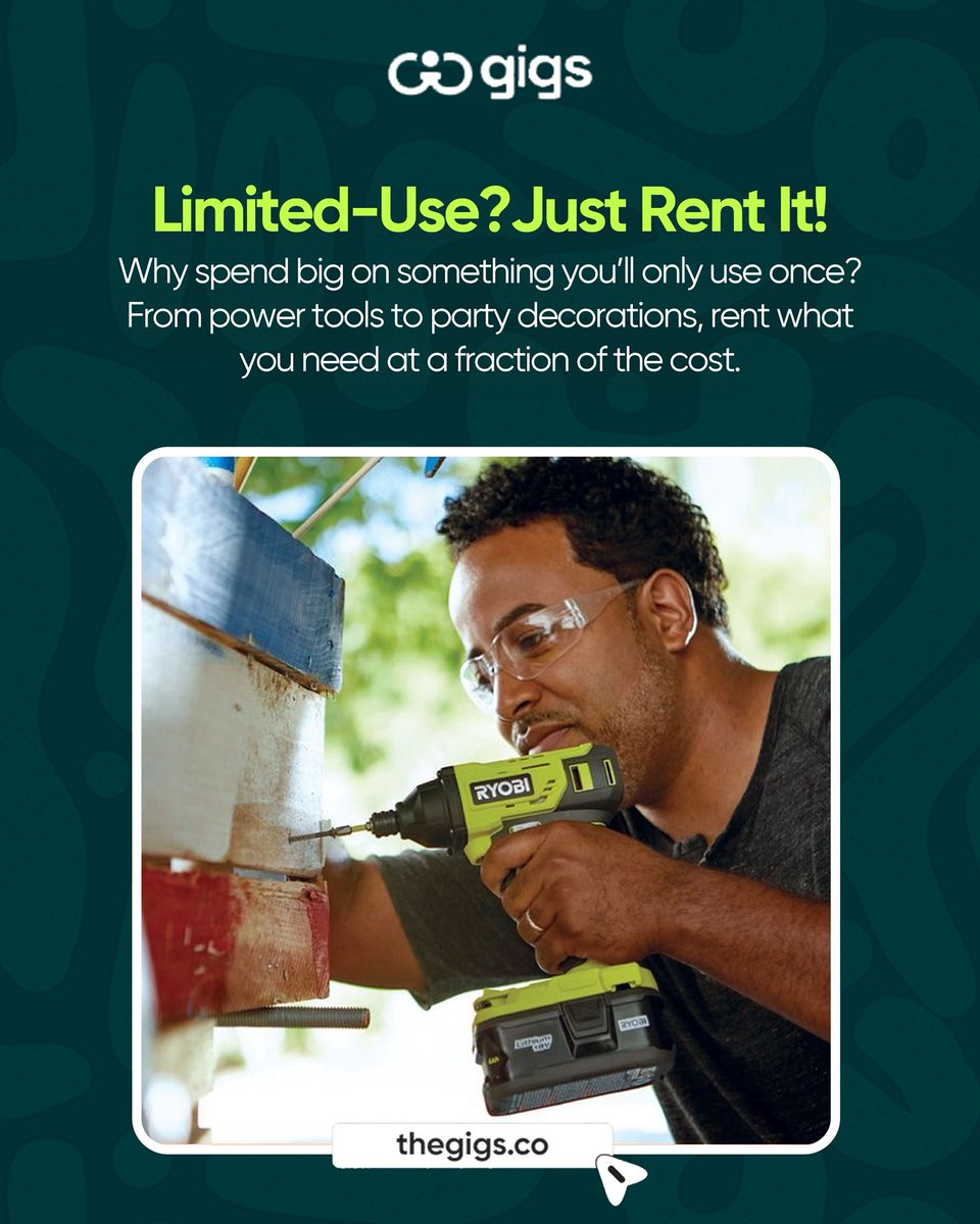 theGigshq's tweet image. Why buy it if you’ll only use it once?
Rent power tools, party gear, and more on thegigs.co – save money, save space!

#RentDontBuy #SmartLiving #OneTimeUse #ToolRental #BudgetHacks #SustainableChoices #GigsNigeria #TheGigsCo #NaijaDIY #RentInNigeria