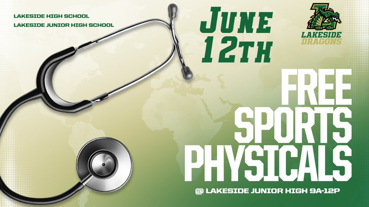 Save the date: Free Sports Physicals June 12th from 9a-12p at Lakeside Junior High.  Sign up information coming soon.