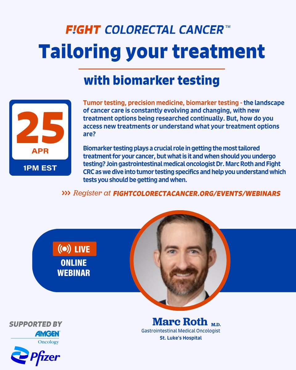 Join us alongside gastrointestinal medical oncologist <a href="/MarcRothMD/">Marc Roth</a> of <a href="/StLukesSTL/">St. Luke's Hospital</a> April 25 at 1pm EST for a deep dive into biomarker testing and how it fits into your care plan!

Register today!
fightcrc.zoom.us/webinar/regist…