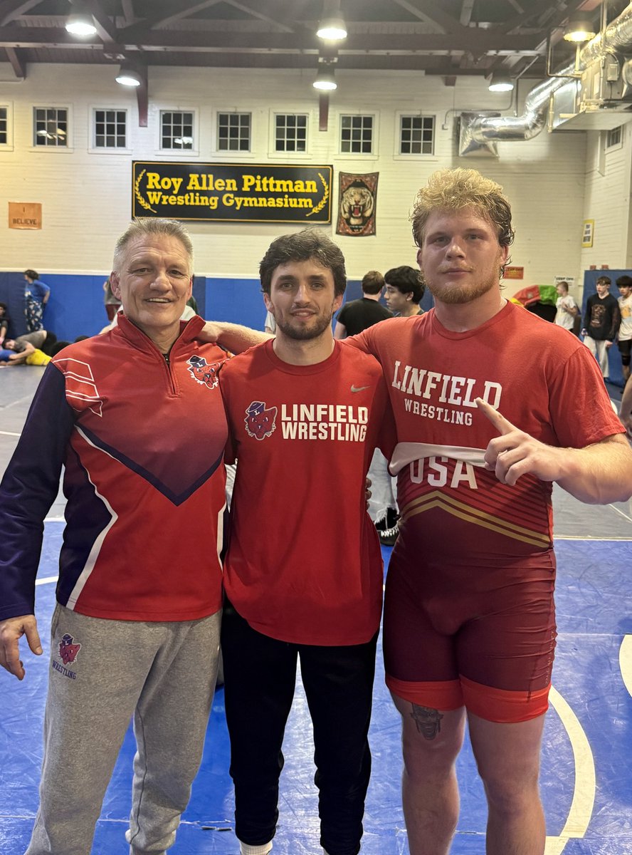 Coach Frank Johnson and Josh Johnson representing @linfieldwrestle at a Peninsula Wrestling Club practice this week, while Wildcat Jonathon Fagen prepares for the @usawrestling U.S. Open Championships later this month in Las Vegas. #MatCats