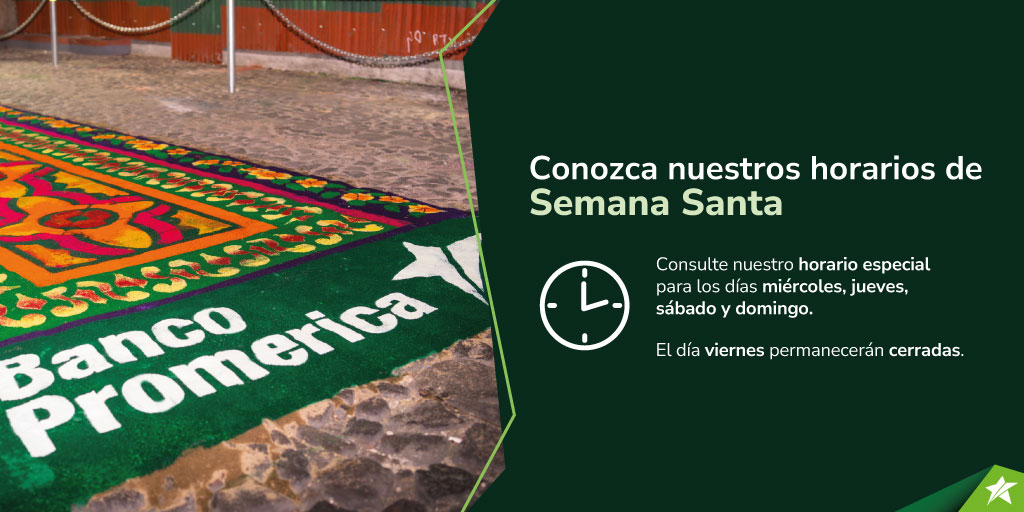 📅 Horarios de Semana Santa  

¡Banco Promerica te desea un excelente descanso!
No te quedes sin realizar tus gestiones, conoce aquí los horarios de agencias: gprom.co/p/BA7MZDJQ

También puedes realizar operaciones bancarias desde Banca en Línea, Banca Móvil o en la amplia