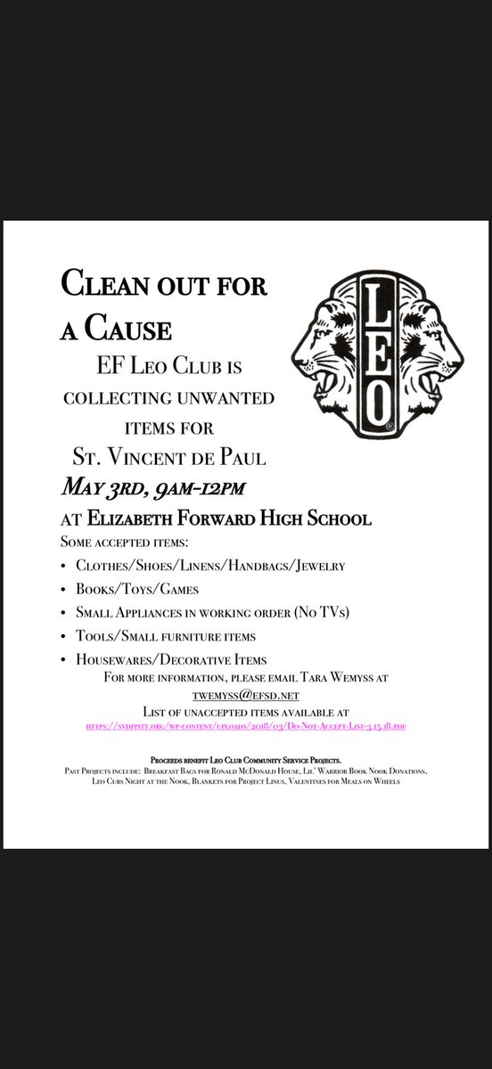 EFHS LEO Club Annual Donation Drive May 3, 2025 9am - 12pm
Elizabeth Forward High School Parking Lot by the Stadium 
Thank You for your support!!❤️🦁🖤