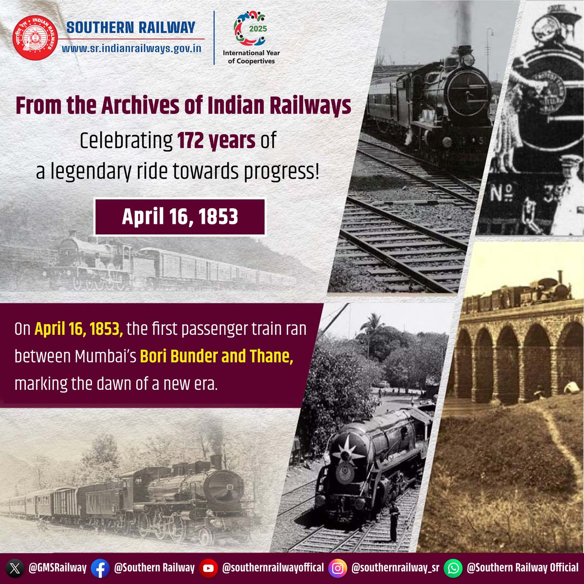 SalemDRM's tweet photo. 🚂 Celebrating 172 years of Indian Railways — a journey that began on April 16, 1853, from Bori Bunder to Thane!
From 34 km to 67,000+ km, connecting dreams, destinations & millions every day.
#172YearsOfGlory #IndianRailways #LifelineOfTheNation #SouthernRailway https://t.co/s8pzHs0mYT