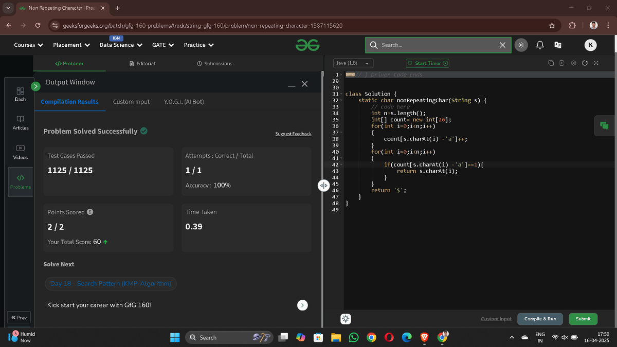 akshainair_ks07's tweet photo. π Day 17/80 of #gfg160 Challenge! π· Problem: Non Repeating Character #GeekStreak2025 #DSA #100DaysOfCode #CodingJourney #GeeksForGeeks #Java #CodeNewbie #TechTwitter #IPL2025 #MSDhoni #leetcod #DCvsRR #SanjuSamson https://t.co/y1lb31HFJg