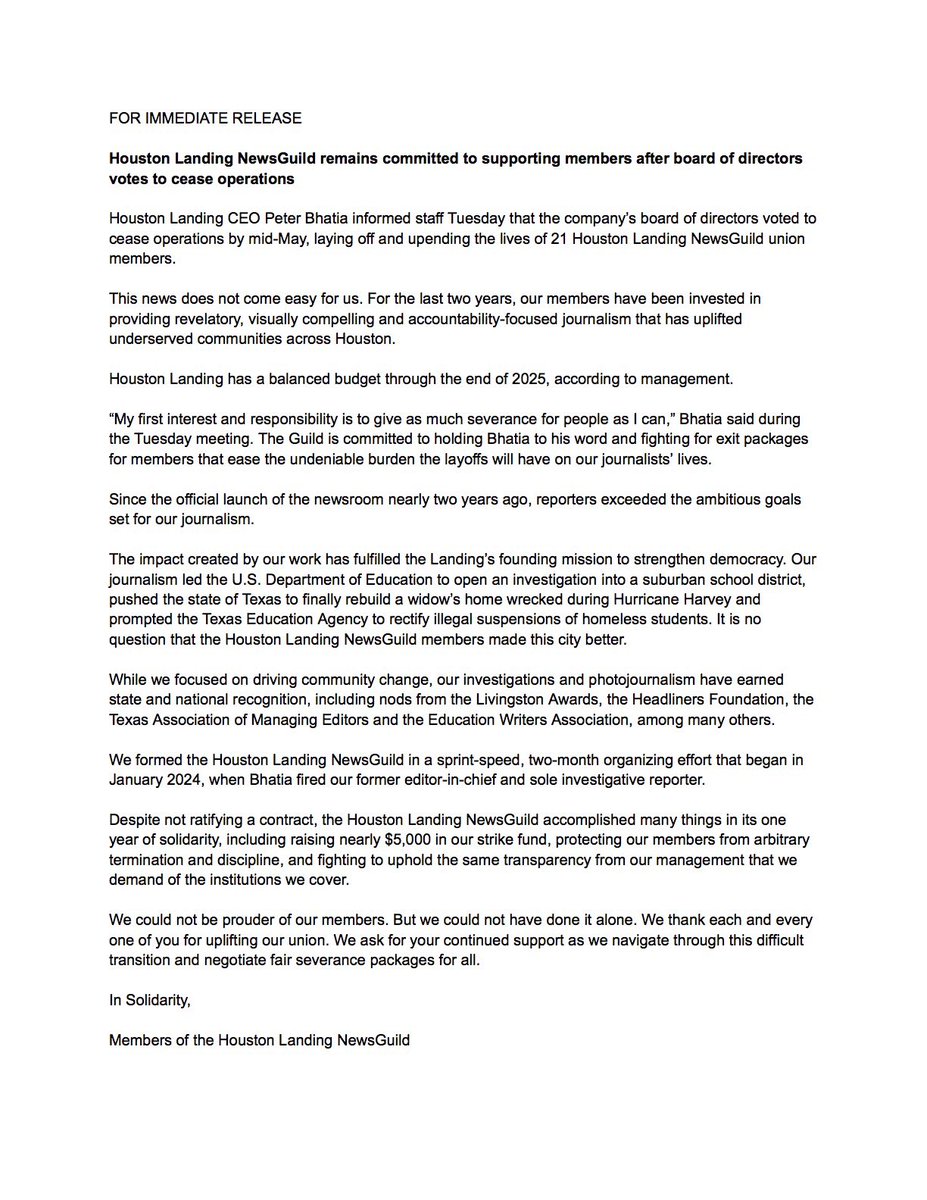 Houston Landing NewsGuild (@htxlandingunion) on Twitter photo We remain committed to supporting our members after the <a href="/Hou_Landing/">Houston Landing</a>'s board of directors voted to cease operations in mid-May.
Full statement below: We remain committed to supporting our members after the <a href="/Hou_Landing/">Houston Landing</a>'s board of directors voted to cease operations in mid-May.
Full statement below: