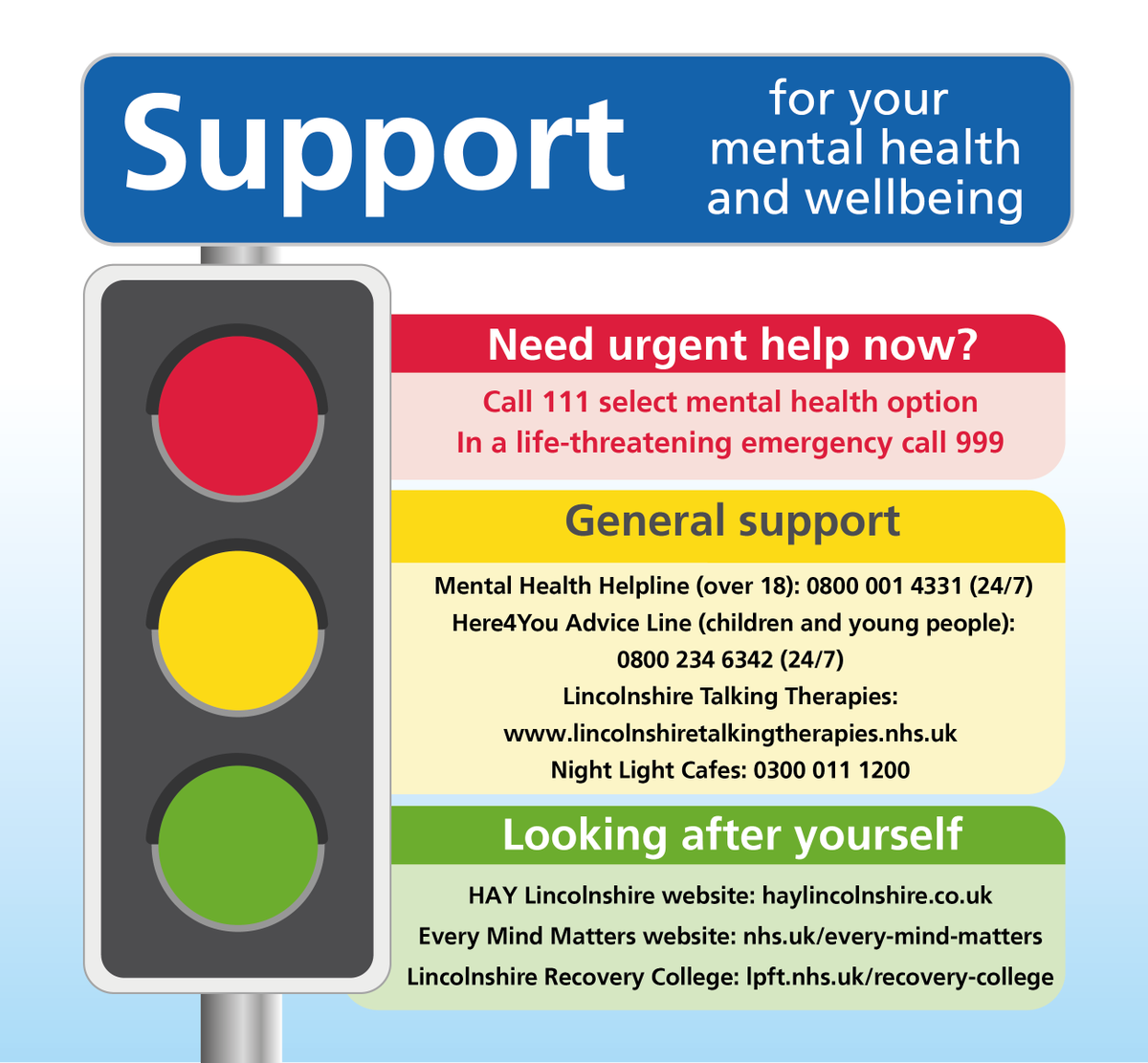 Help is always available. If you, or someone you know, needs:

🔴 Crisis help
🟡  Support for depression, anxiety, stress
🟢  Advice to improve their mental health

To find out more, visit lpft.nhs.uk/need-help-now